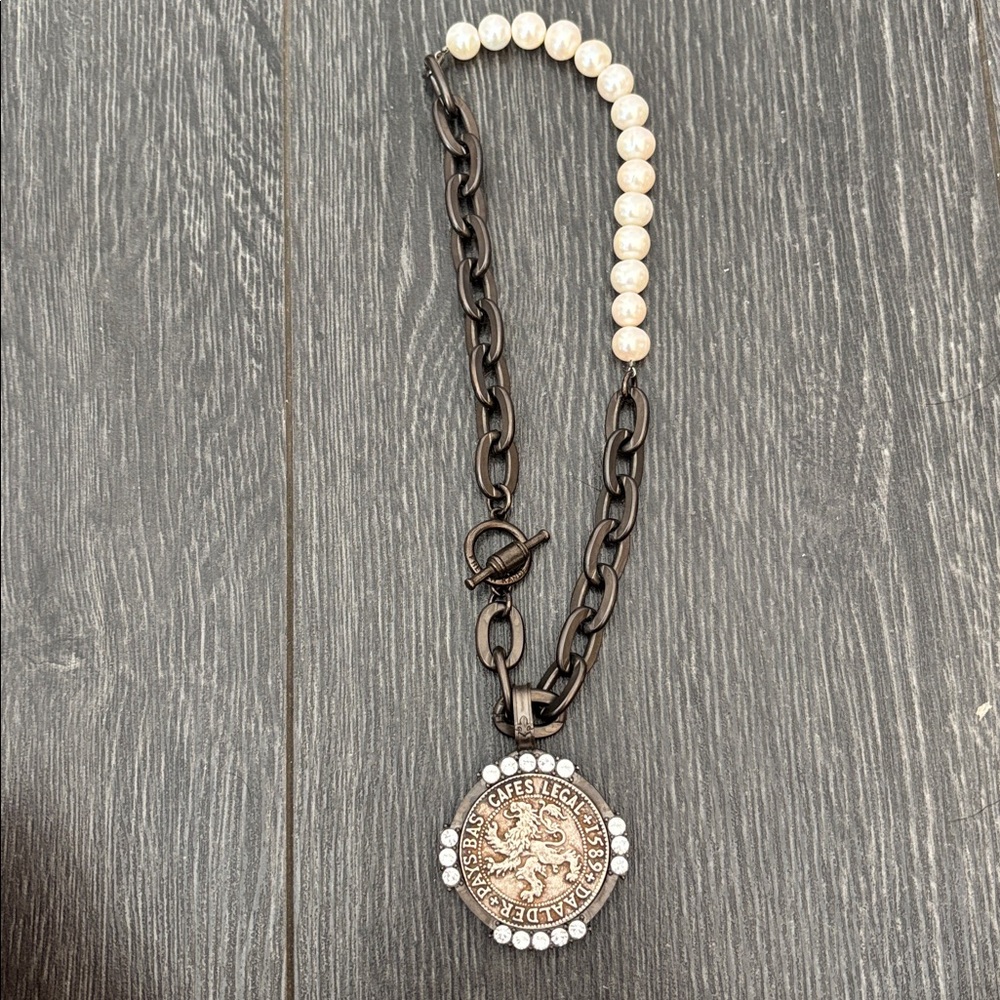 Guess Lion Medallion Necklace - Black and Silver